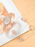 Shein - 1pc Women Rose Gold Zinc Alloy Strap Glamorous Rhinestone Decor Round Dial Quartz Watch & 5pcs Jewelry Set, For Daily Life