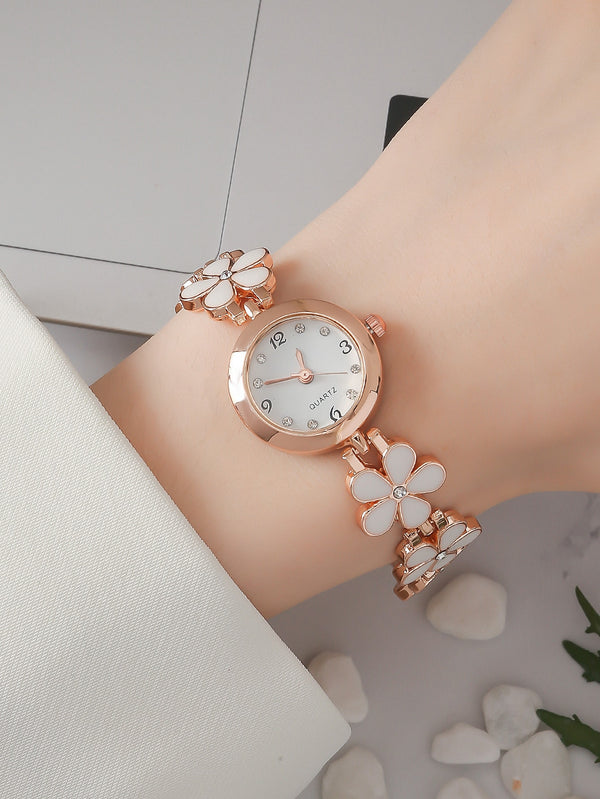 Shein - Flower Decor Round Pointer Quartz Watch