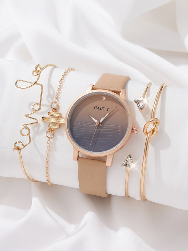 Shein - 1pc Round Pointer Quartz Watch & 4pcs Bracelet