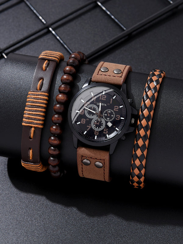 Shein - 1pc Brown Canvas Strap Fashion Date Round Dial Quartz Watch & 3pcs Winding & Braided Detail Bracelet, For Daily Decoration