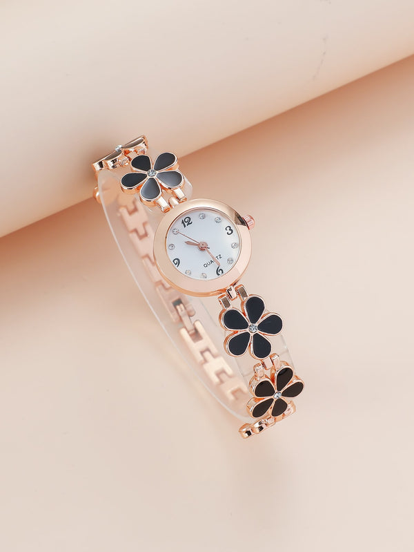 Shein - Flower Decor Round Pointer Quartz Watch