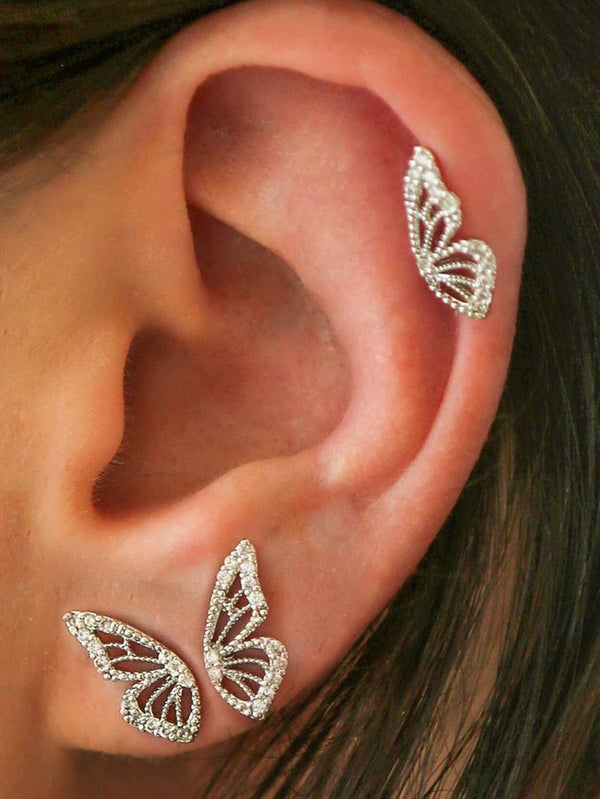 Shein - 3pcs/set Glamorous Cubic Zirconia Butterfly Stud Earring For Women For Daily Decoration