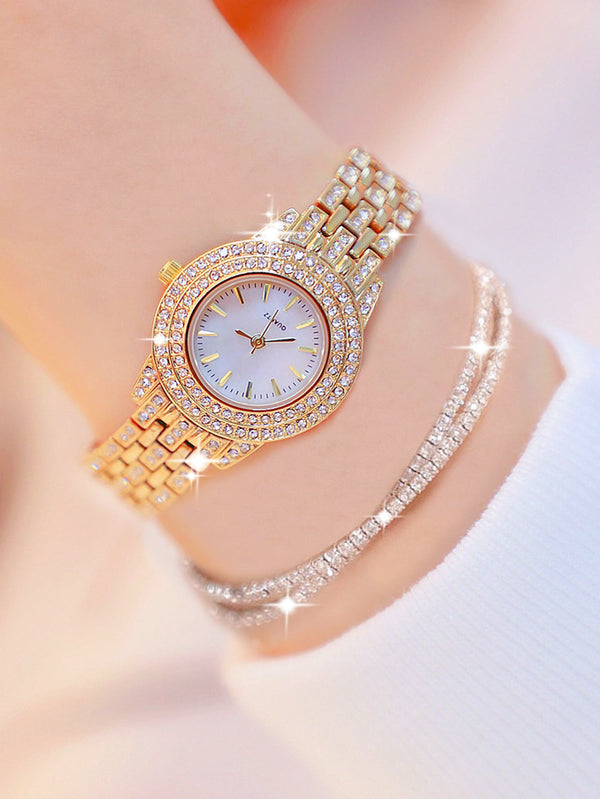 Shein - 3pcs Fashion Shining Fine Band Full Diamond Women's Gold Steel Band Quartz Watch with Bracelet Set