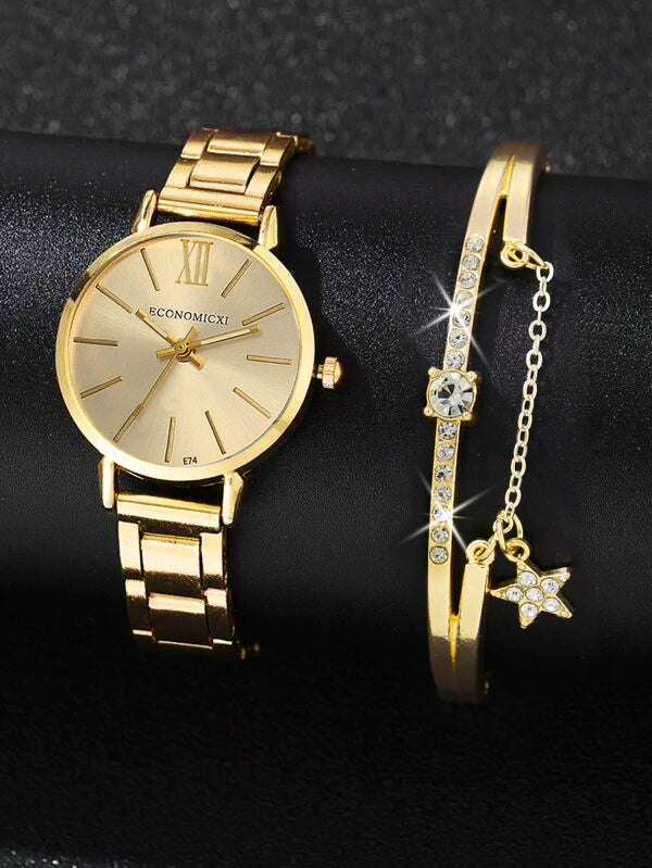 Shein - 1pc Women Gold Zinc Alloy Strap Business Round Dial Quartz Watch & 1pc Bracelet, For Daily Life