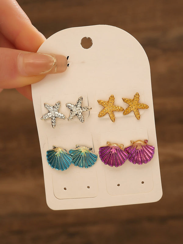 Shein - 4pairs/set Fashionable Zinc Alloy Starfish & Shell Design Stud Earrings For Women For Daily Decoration