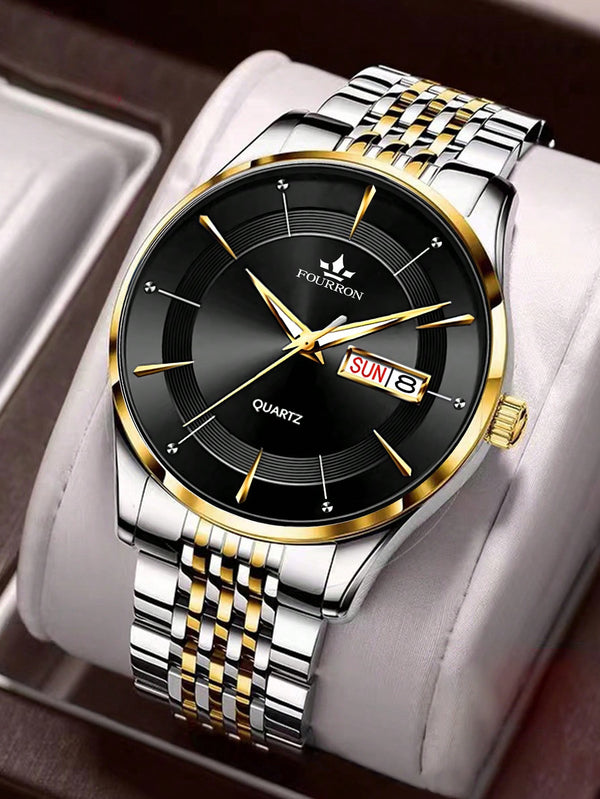 Shein - 1pc Men Two Tone Stainless Steel Strap Business Date Round Dial Quartz Watch, For Daily Life