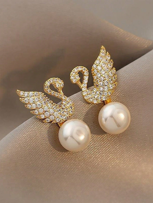 Shein - 1pair Elegant Rhinestone Swan & Faux Pearl Decor Earrings For Women For Prom Party Banquet