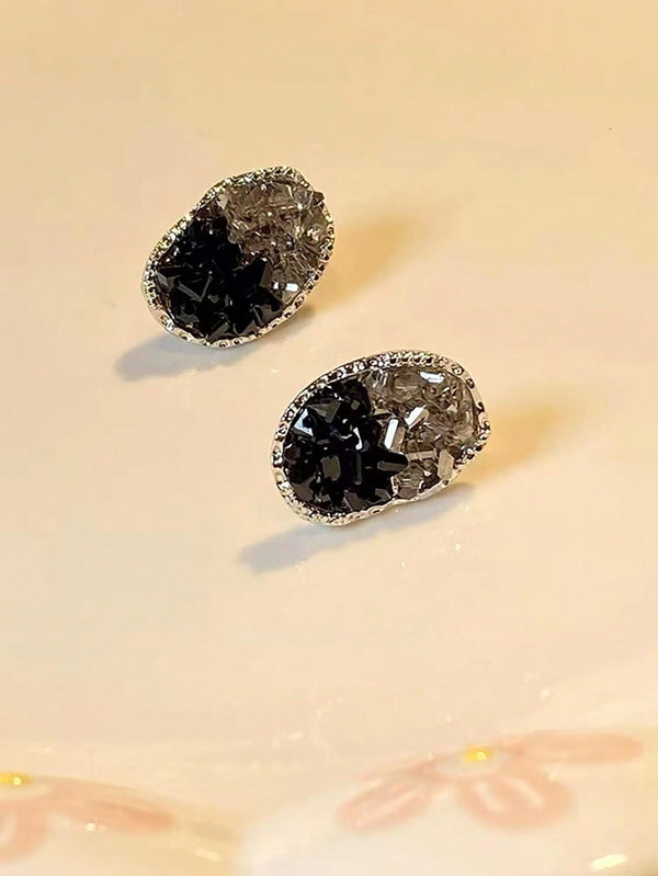 Shein - 1pair Exquisite Black Rhinestone Decor Stud Earrings For Women For Daily Decoration Commuting