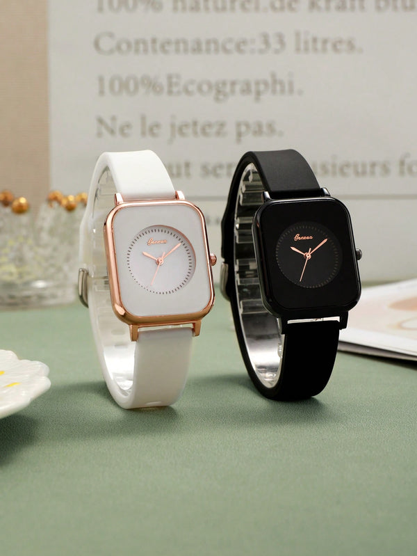 Shein - 2pcs Couple Square Dial Quartz Watch