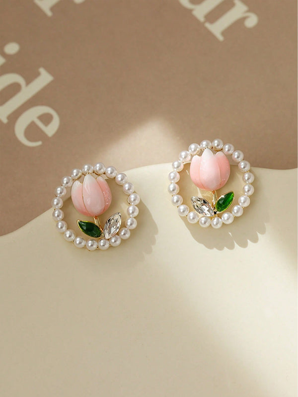 Shein - 1pair Party Alloy Faux Faxu Pearl & Oil Drop Tulip Stud Earrings For Women Dating Gifts