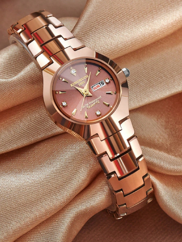 Shein - Women's Watch Rose Gold Fine Strap Rhinestone Dial Calendar Pointer Quartz Watch, For Daily Life Waterproof