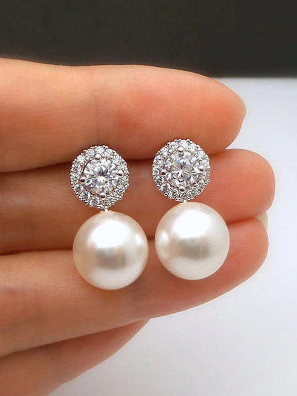 Shein - 1pc Fashion Copper Rhinestone Decor Faux Pearl Stud Earring For Women For Daily Life