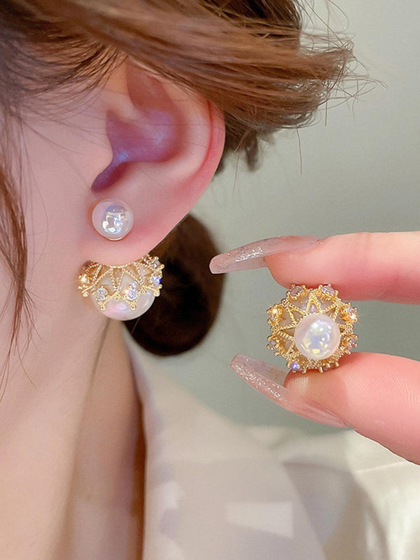 Shein - 1pair Fashion Cubic Zirconia & Faux Pearl Decor Earring Jackets For Women For Gift