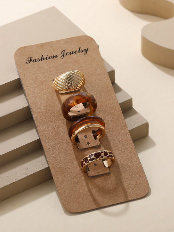 Shein - 5pcs Resin Alloy Large Brown & Gold Ring Set In Hip-hop Style