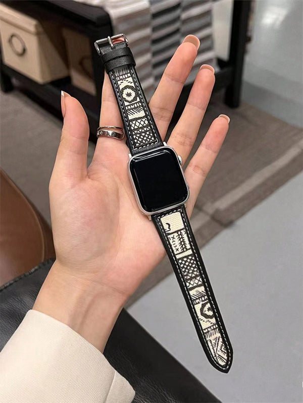 Shein - Geometric Pattern PU Watchband Compatible With Apple Watch