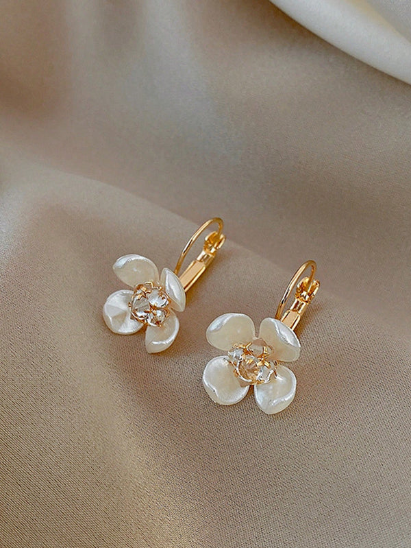 Shein - 1pair Fashion Stainless Steel Rhinestone Detail Flower Stud Earrings For Women For Daily Wear