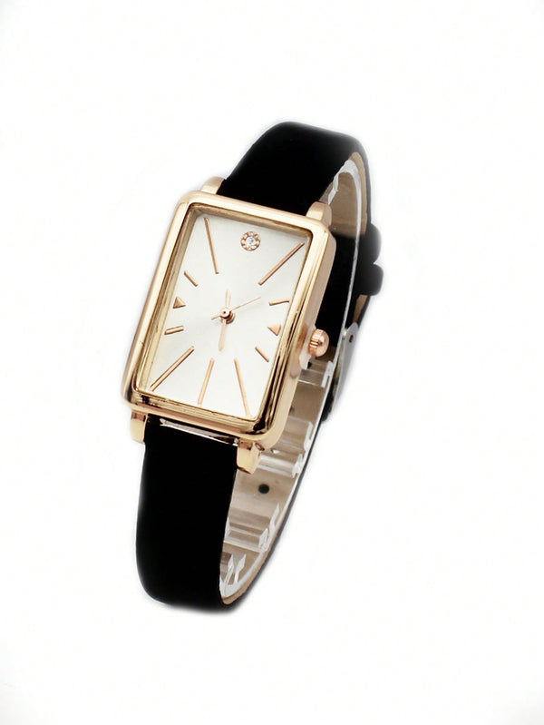 Shein - 1pc Black PU Polyurethane Strap Fashionable Rhinestone Decor Square Dial Quartz Watch, For Daily Life