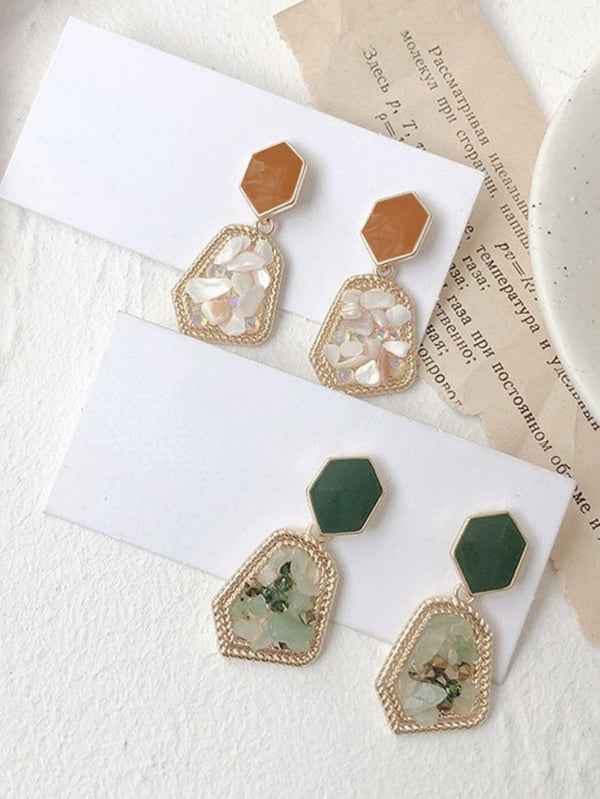 Shein - 2pairs/set Green & White Natural Stone French Style Vintage Emerald Drop Earrings Set