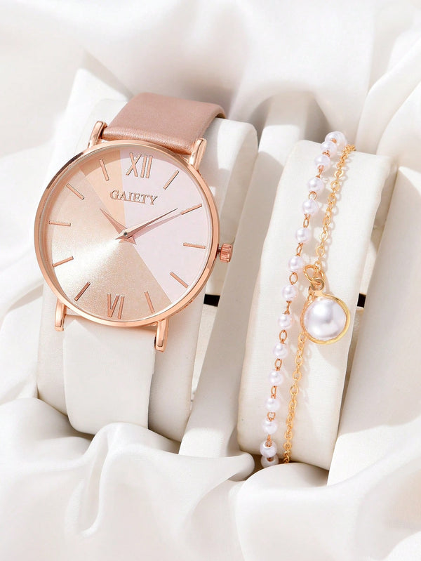 Shein - 1pc Minimalist Round Pointer Quartz Watch & 1pc Bracelet