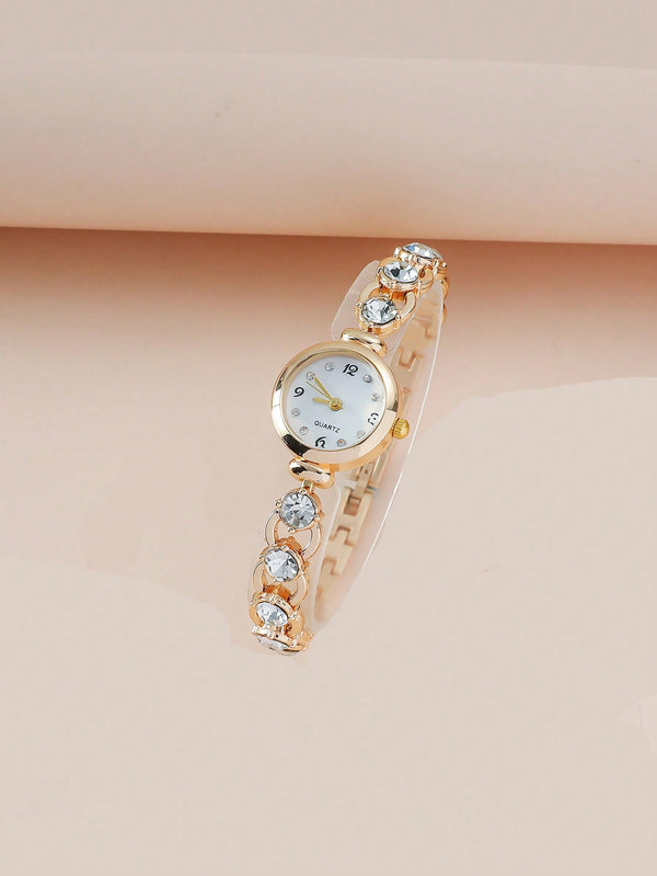 Shein - Rhinestone Decor Round Pointer Quartz Watch