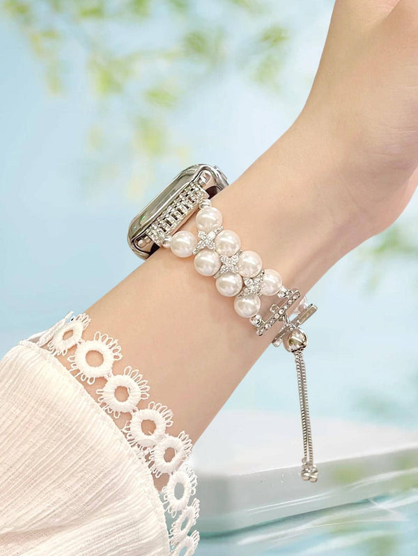 Shein - 1pc Classic Fashionable Adjustable Faux Pearls Bracelet Apple Watch Band, Professional Compatible With Latest Apple Watch Ultra 2/1,se 9/8/7/6/5/4/3/2/1, Size 38/40/41/42/44/45/49mm, Size Can Be Adjusted Freely, Waterproof & Wear Resistant