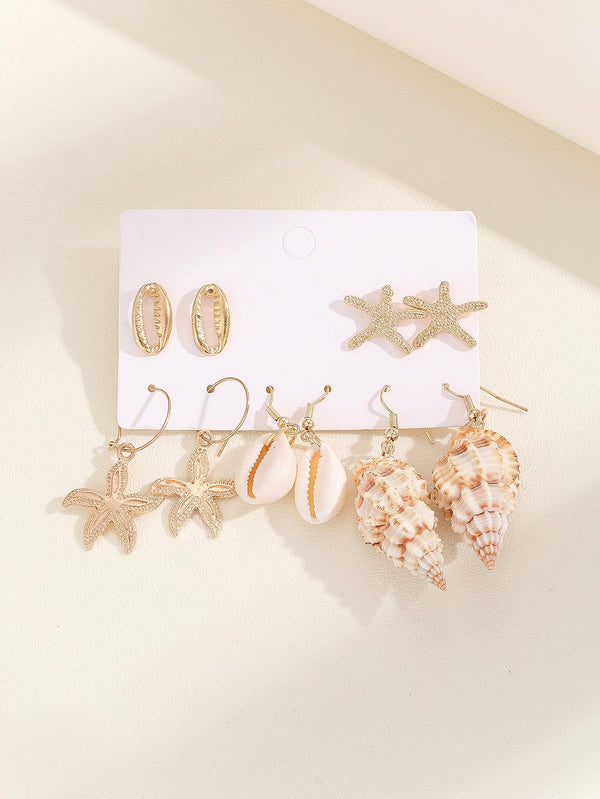 Shein - 5pairs Beach Style Alloy Shell & Starfish Shaped Stud Earrings, Real Shell & Conch Dangle Earrings