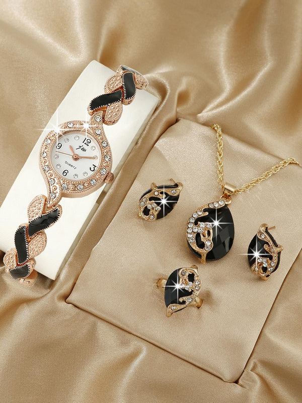 Shein - 1pc Women Two Tone Stainless Steel Strap Glamorous Rhinestone Decor Round Dial Quartz Watch & 4pcs Jewelry Set, For Daily Life