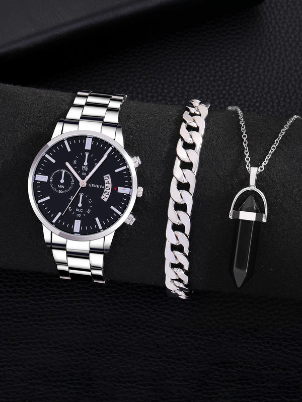 Shein - 1pc Men Silver Stainless Steel Strap Business Calendar Round Dial Quartz Watch & 2pcs Jewelry Set, For Daily Decoration