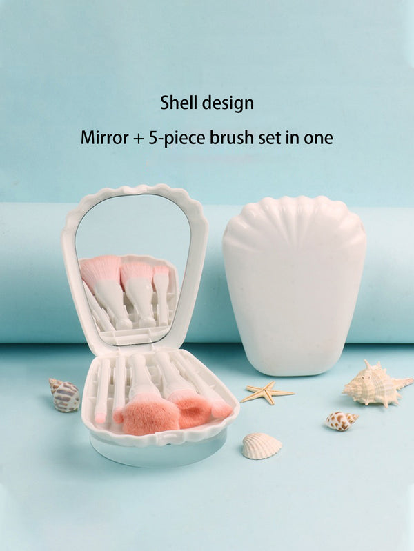 Shein - Portable Makeup Brush Set, 5Pcs Plastic White Professional Cosmetic Brush & Shell Shaped Storage Box For Makeup