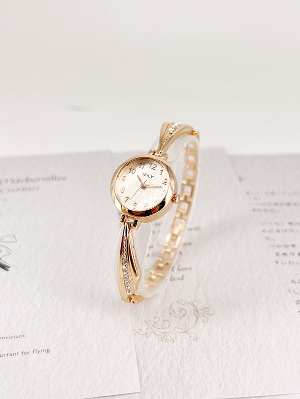 Shein - Women Gold Color Zinc Alloy Strap Simple Rhinestone Decor Round Pointer Quartz Watch For Daily Life