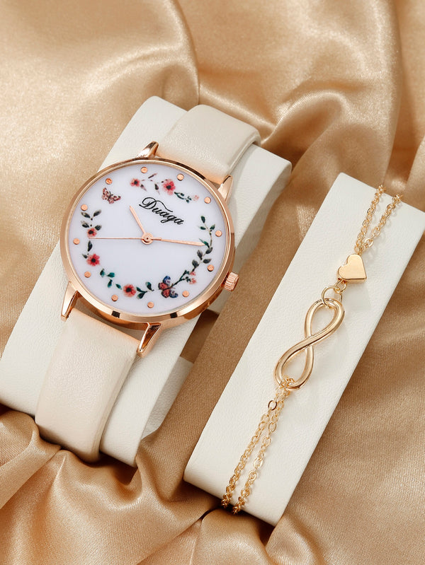 Shein - 1pc Women Beige PU Polyurethane Strap Fashionable Flower & Butterfly Pattern Round Dial Quartz Watch & 1pc Chain Bracelet, For Daily Life