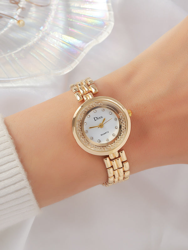 Shein - 1pc Women Gold Zinc Alloy Strap Fashionable Rhinestone Decor Round Dial Quartz Watch, For Daily Decoration