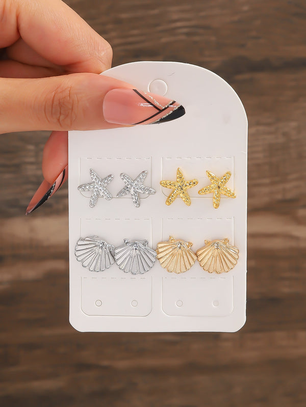 Shein - 8pcs/set Seashell Starfish Multi Element Beach Theme Earrings Kit, Birthday Gift