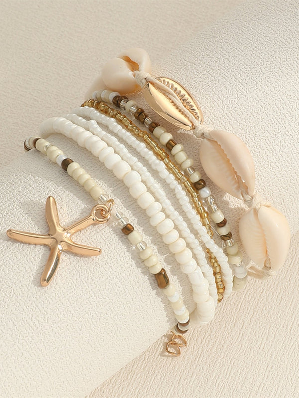 Shein - 7pcs Bohemian Style Beaded Bracelet Set With Conch Shell And Starfish Pendant For Women