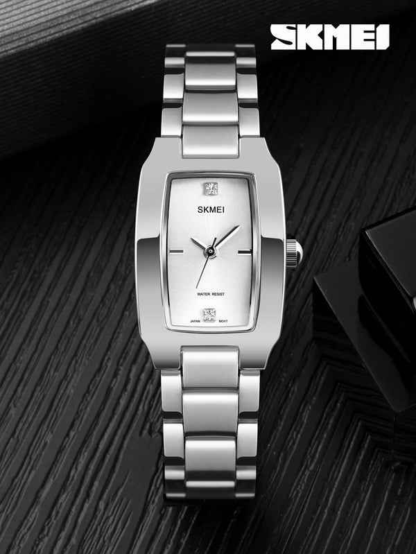 Shein - 1pc Women Silver Stainless Steel Strap Fashionable Water Resistant Rhinestone Decor Rectangle Dial Quartz Watch, For Daily Decoration