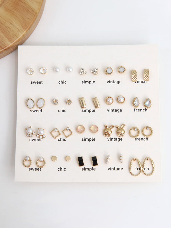 Shein - 40pcs Rabbit Shaped Pearl & Rhinestone Decor Metallic Color Stud Earrings Set For Women