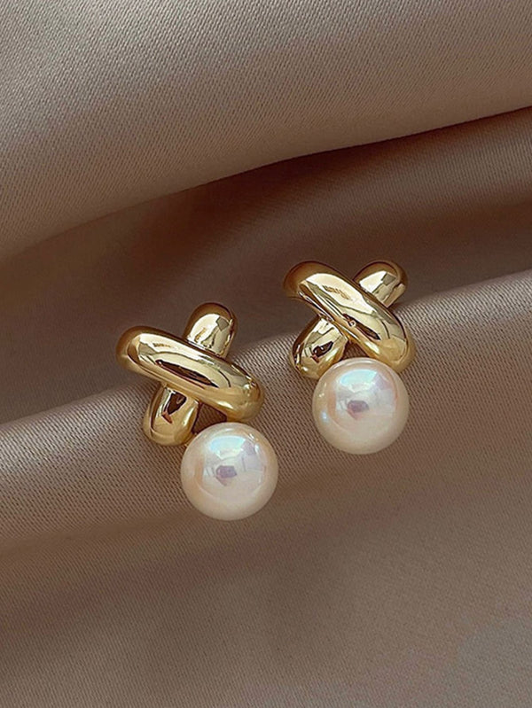 Shein - 1pair Elegant And Luxurious Vintage Cross Pearl Earrings, Suitable For Women's Daily Wear