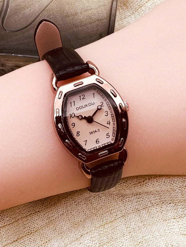 Shein - Fashionable & Personalized Brown Mirror Dial Student Wristwatch, Ladies' Round Small Dial Pu Leather Strap Watch