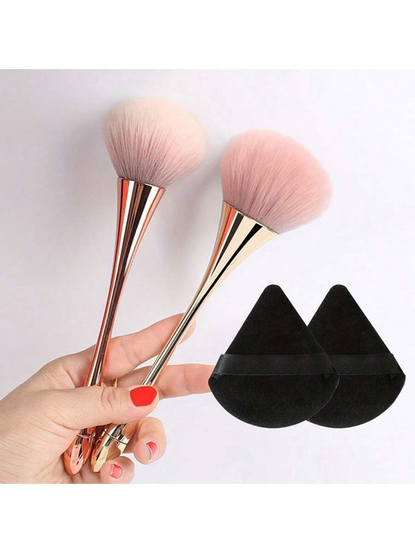 Shein - 2pcs Small Pretty Waist Powder Brushes & 2pcs Black Triangular Powder Puffs, Gold Goblet Powder Blusher Makeup Brush Surplus Paint Soft Hair Honey Powder Brush Air Cushion Makeup Sponge Dry Powder Powder Puff Makeup Brush Tools