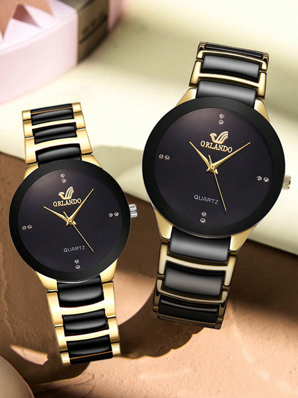 Shein - 2pcs/set Couple Watch, Men And Women's Fashionable Simple Quartz Wristwatch With Water Drill Scale On Round Dial, Gold Steel Belt In Between