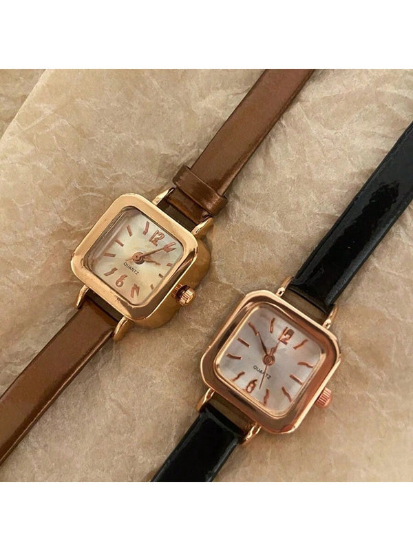 Shein - 2pcs Women's Quartz Black + Brown Pu Leather Strap Square Small Dial Wrist Watch