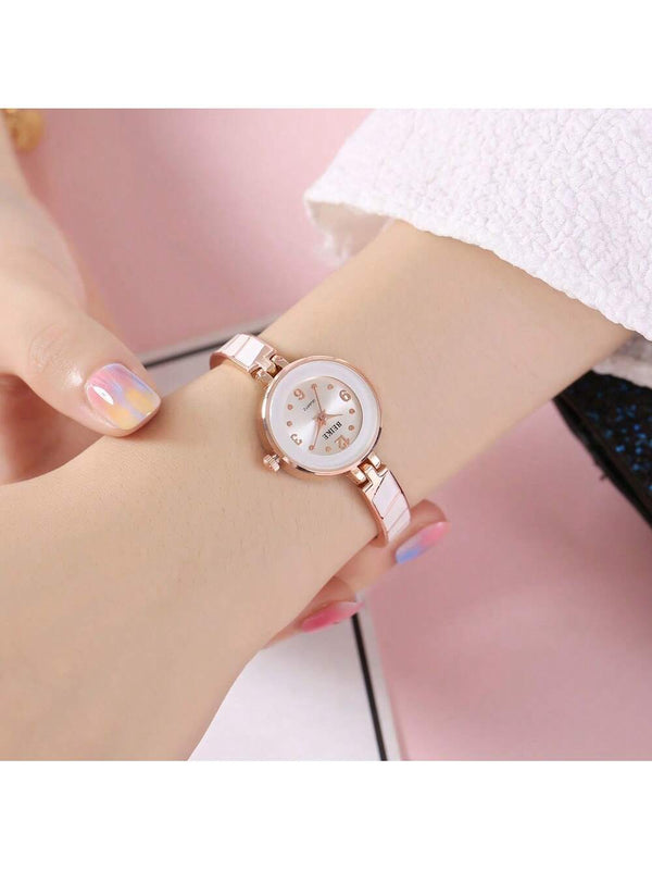 Shein - 1pc Luxury Rose Gold Bracelet Watch With Rhinestones & Digital Dial For Women, Festival Gift