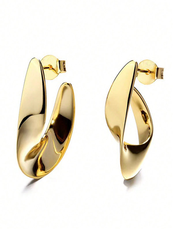 Shein - 1pair Fashionable Elegant Twisted Design 18k Gold Plated Stainless Steel Earrings, Suitable For Women's Daily Wear