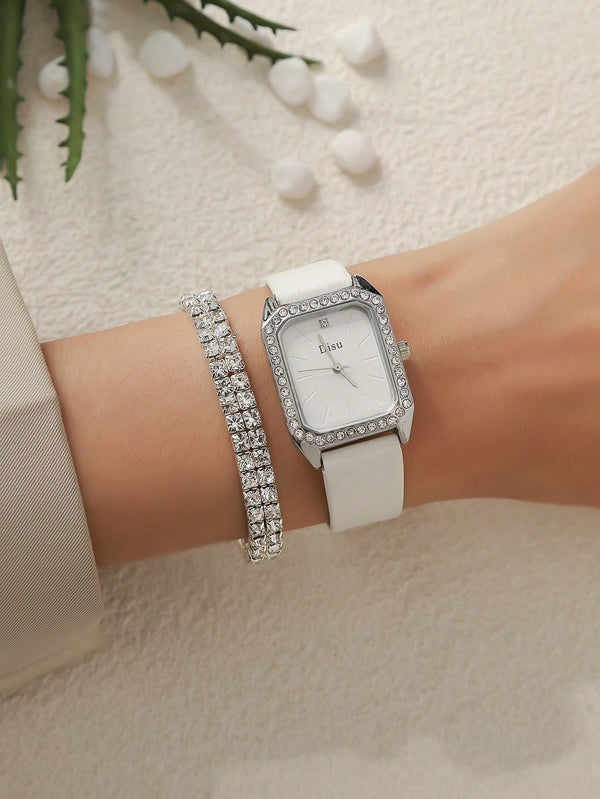 Shein - Disu Women's Stylish White Watch Band And Dazzling Rhinestone Quartz Wrist Watch With Small Square Dial, Plus A Double Row Diamante Bracelet