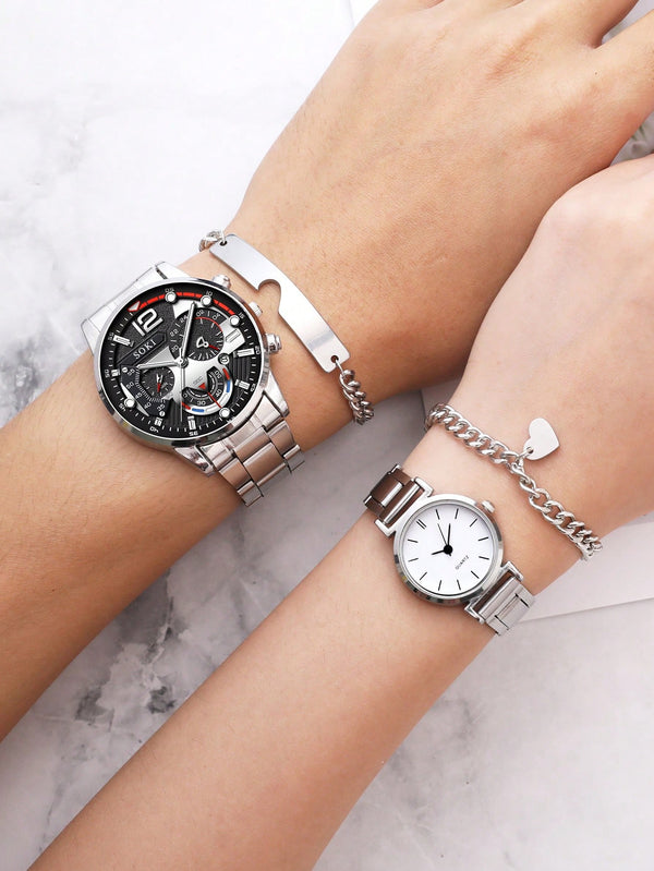 Shein - 2pcs/set Couple's Silver Stainless Steel Quartz Watches With Trendy Design, And 2pcs/set Matching Heart-shaped Silver Bracelets