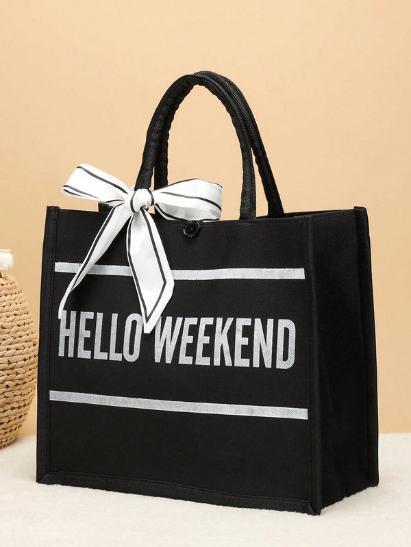 Shein - Letter Patterned Fashionable Canvas Tote Bag