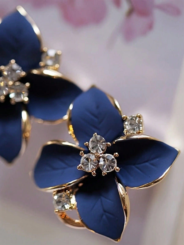 Shein - 1pair Korean Fashion Blue Gemstone & Rhinestone Decor Flower Design Luxurious & Elegant Stud Earrings