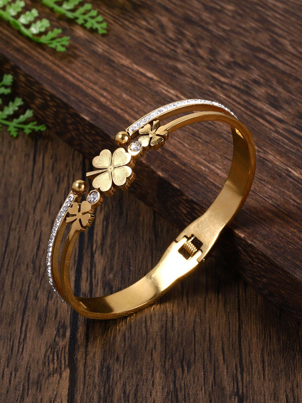 Shein - 1pc Fashionable Elegant Luxury Original Stainless Steel & Rhinestone Decorated Flower Aesthetics Cuff Bracelet For Women & Girls, Bridesmaid Gift