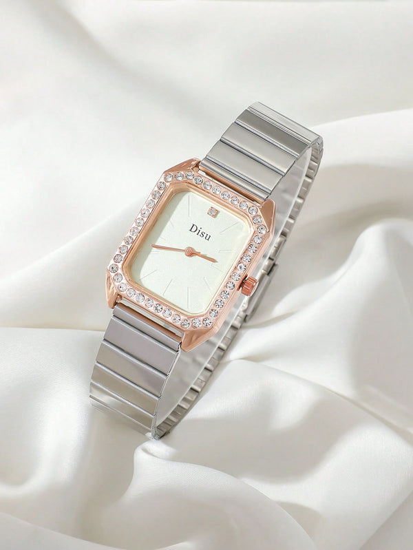 Shein - New Classic Simple Business Female Quartz Watch With Diamond Decor Stainless Steel Band