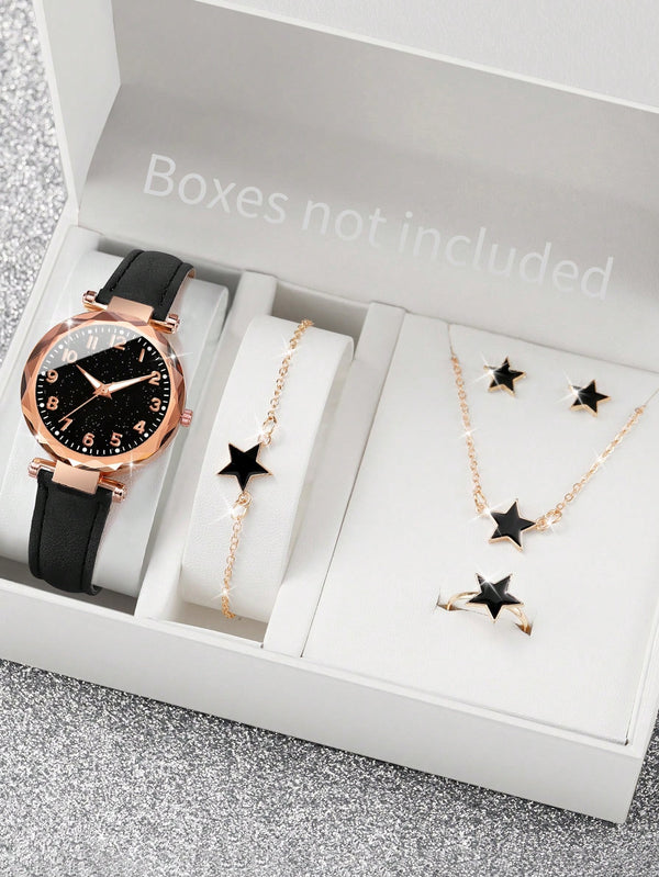 Shein - Women's Fashionable Pu Strap Watches With Simple Digital Dial + Jewelry Set (6pcs/set)